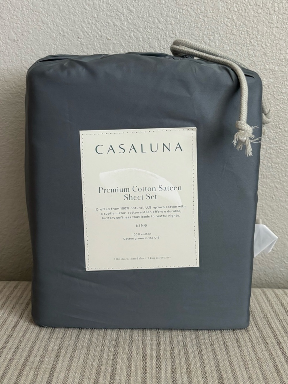 NWT King 600 Thread Count Sateen Sheet Set Mineral Blue - Casaluna